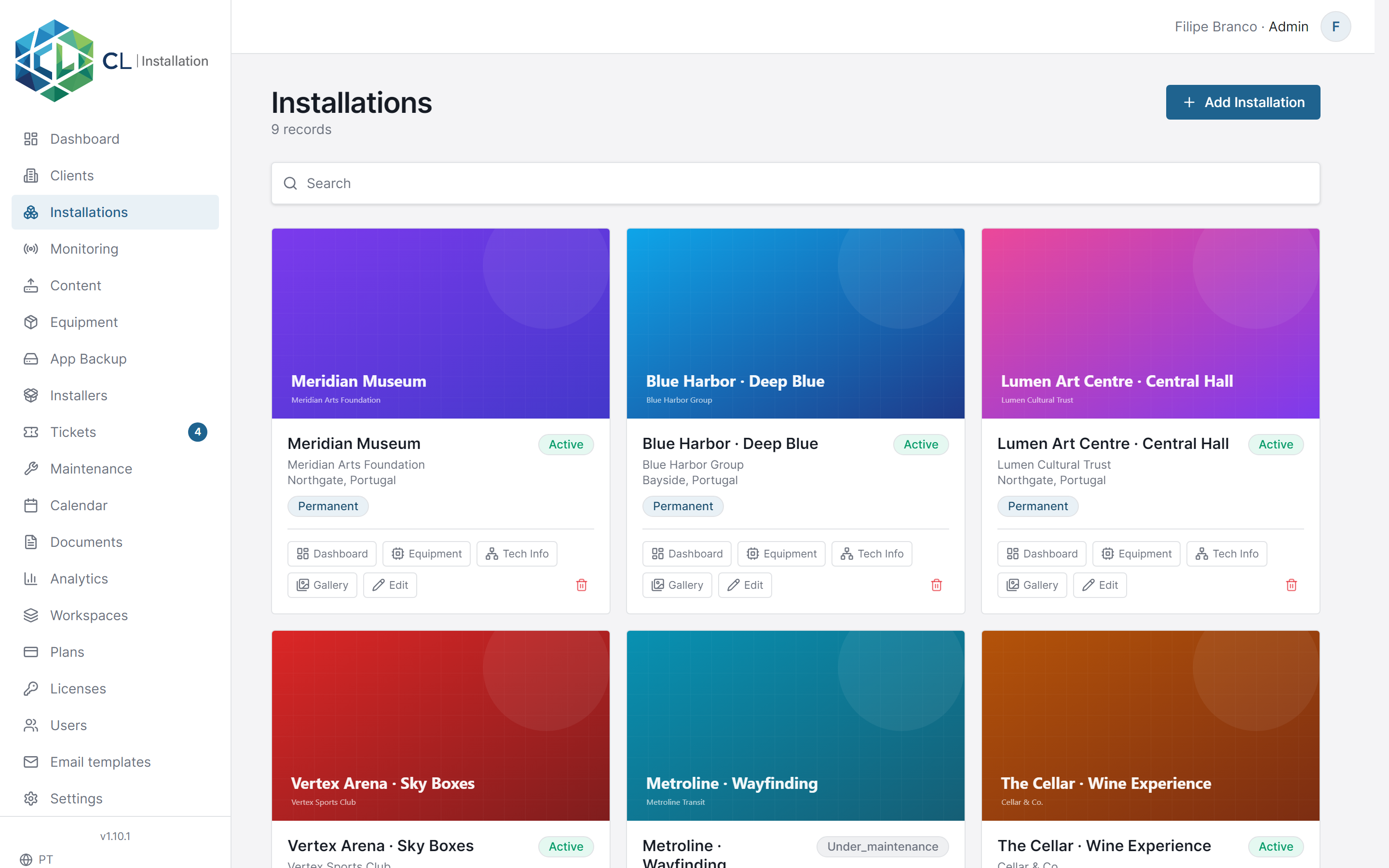 Installations list in the cloud manager